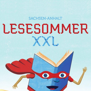 Zeichnung eines surfenden Buches in der Wüste mit dem Titel Lesesommer XXL