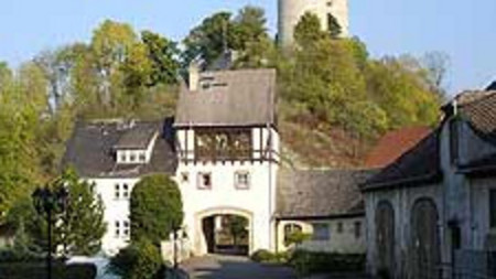 historische Gebäude mit Turm im Hintergrund und Bäumen eingefasst